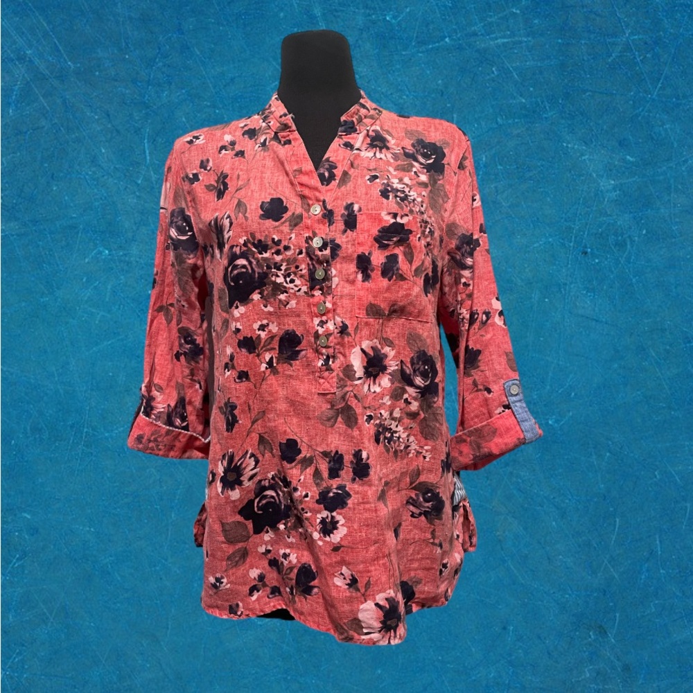 John Mark 100% Linen Floral Blouse